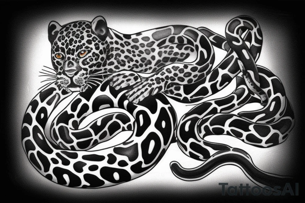 Black Leopard with a snake around him tattoo idea