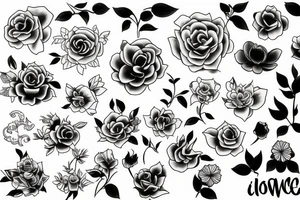 Flowers and anime outline tattoo idea