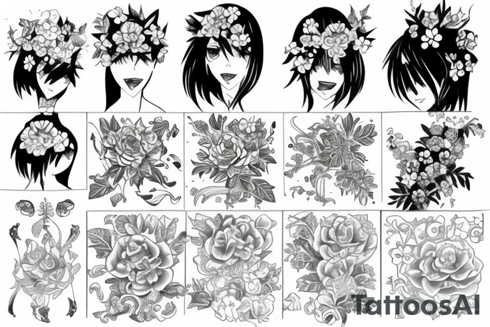 Flowers and anime outline tattoo idea