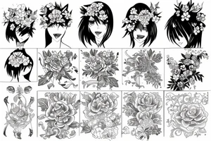 Flowers and anime outline tattoo idea
