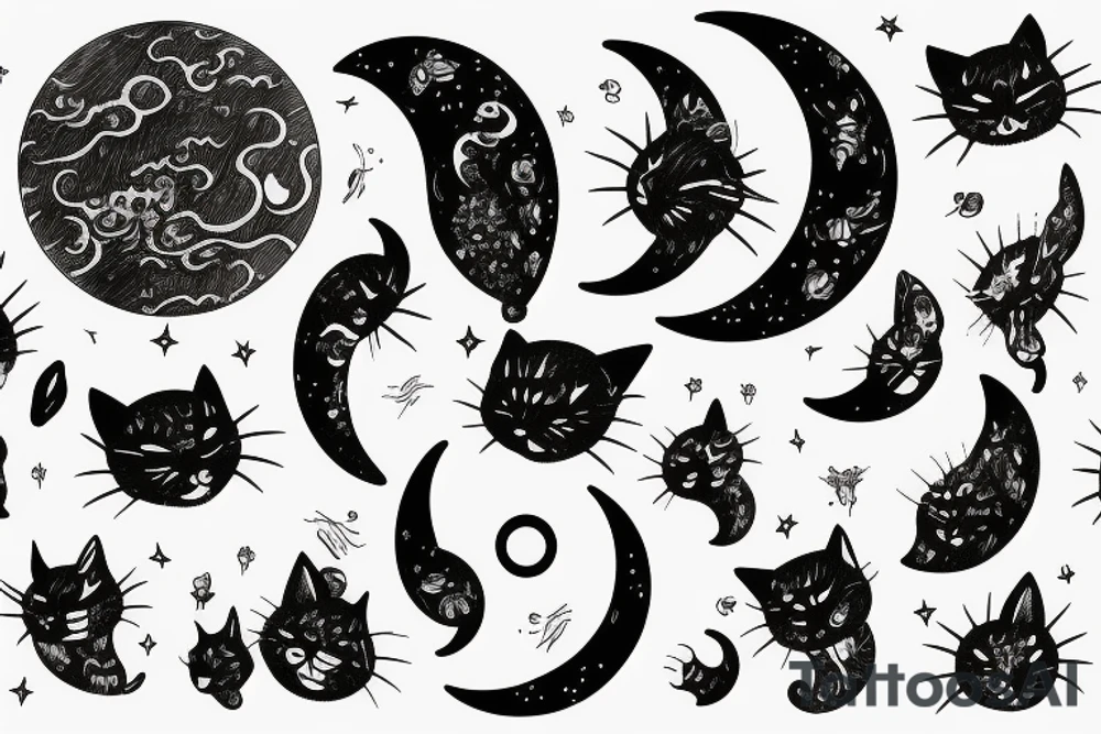 cat moon flower tattoo idea