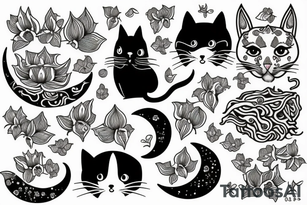 cat moon flower tattoo idea