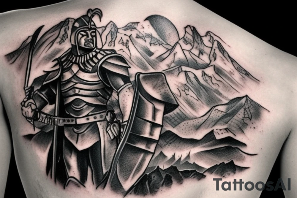 spartan warrior with mountains tattoo idea