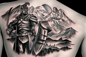 spartan warrior with mountains tattoo idea