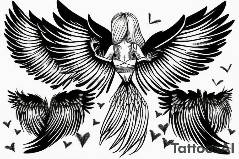 Angel with wings open and feather falling tattoo idea