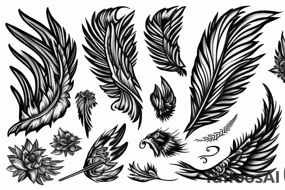 Angel with wings open and feather falling tattoo idea