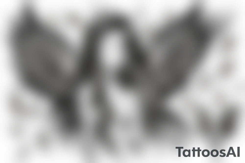 Angel with wings open and feather falling tattoo idea