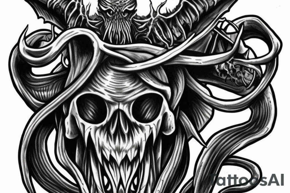 Pushed Cthulhu skull tattoo idea