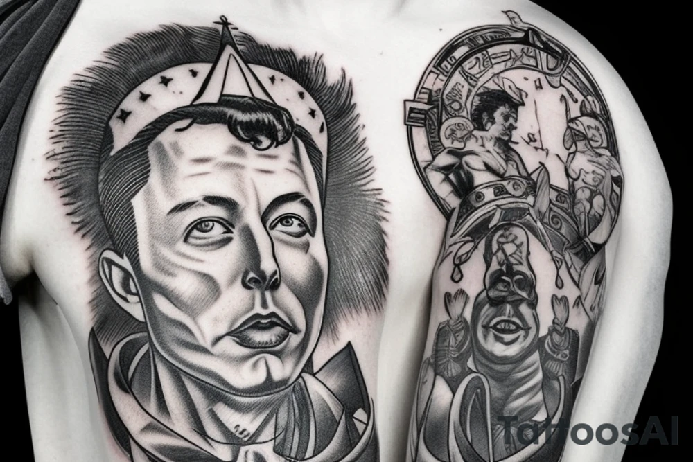 Elon Musk as a greek god on mount olympus tattoo idea