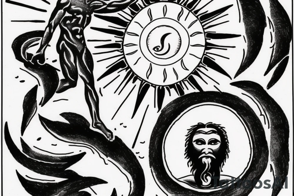 Image of Prometheus (as a symbol of light, hope and altruism) with the sun in the background and Image of Sisyphus (as a symbol darkness, and egoism) with a waning moon in the background tattoo idea