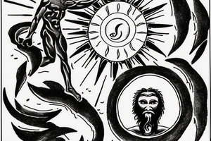 Image of Prometheus (as a symbol of light, hope and altruism) with the sun in the background and Image of Sisyphus (as a symbol darkness, and egoism) with a waning moon in the background tattoo idea