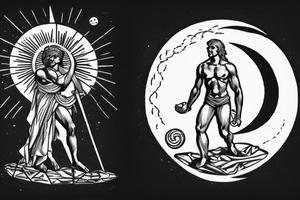 Image of Prometheus (as a symbol of light, hope and altruism) with the sun in the background and Image of Sisyphus (as a symbol darkness, and egoism) with a waning moon in the background tattoo idea