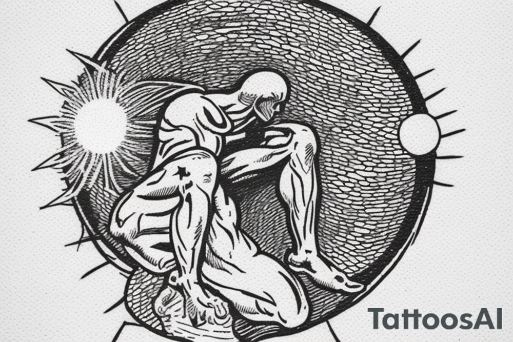 Image of Prometheus (as a symbol of light, hope and altruism) with the sun in the background and Image of Sisyphus (as a symbol darkness, and egoism) with a waning moon in the background tattoo idea