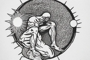 Image of Prometheus (as a symbol of light, hope and altruism) with the sun in the background and Image of Sisyphus (as a symbol darkness, and egoism) with a waning moon in the background tattoo idea