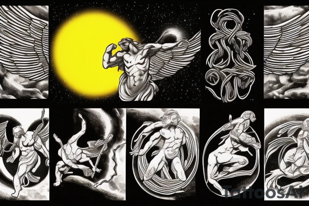 Image of Prometheus (as a symbol of light, hope and altruism) with the sun in the background and Image of Sisyphus (as a symbol darkness, and egoism) with a waning moon in the background tattoo idea