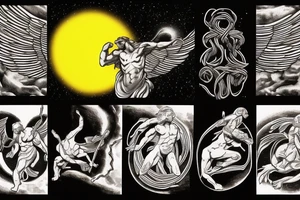 Image of Prometheus (as a symbol of light, hope and altruism) with the sun in the background and Image of Sisyphus (as a symbol darkness, and egoism) with a waning moon in the background tattoo idea