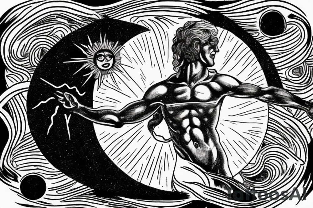 Image of Prometheus (as a symbol of light, hope and altruism) with the sun in the background and Image of Sisyphus (as a symbol darkness, and egoism) with a waning moon in the background tattoo idea