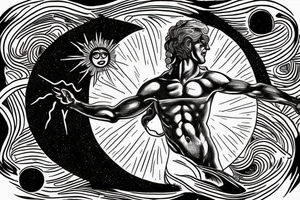 Image of Prometheus (as a symbol of light, hope and altruism) with the sun in the background and Image of Sisyphus (as a symbol darkness, and egoism) with a waning moon in the background tattoo idea