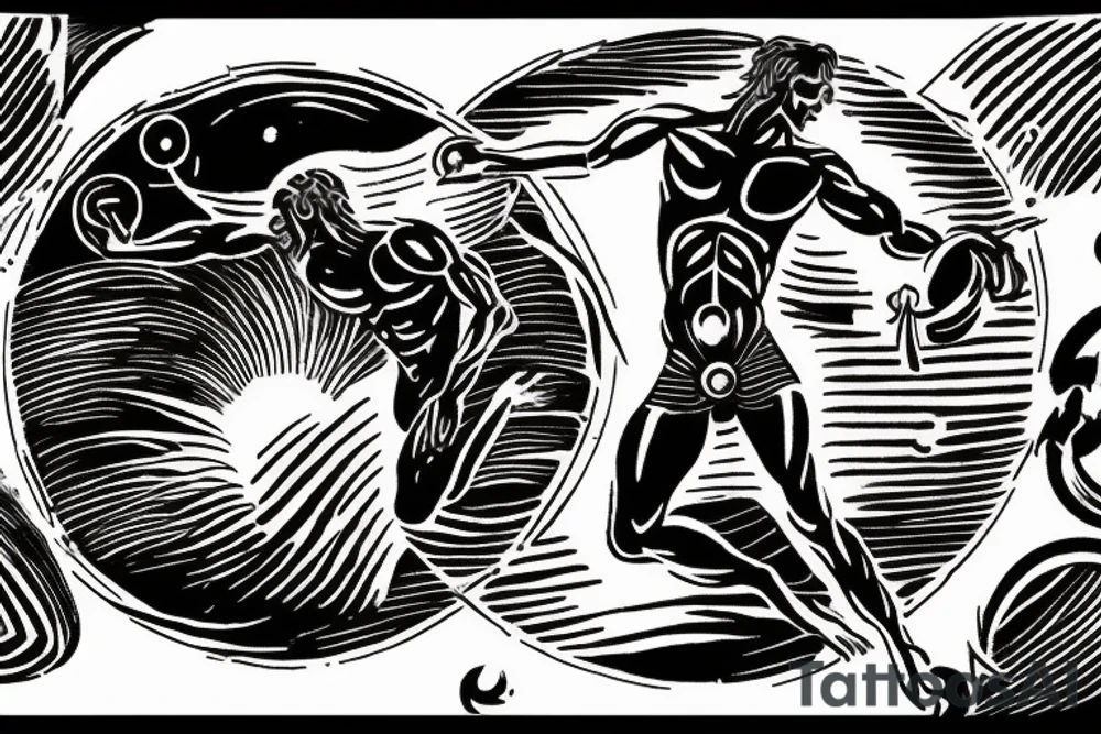 Image of Prometheus (as a symbol of light, hope and altruism) with the sun in the background and Image of Sisyphus (as a symbol darkness, and egoism) with a waning moon in the background tattoo idea