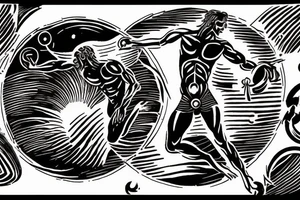 Image of Prometheus (as a symbol of light, hope and altruism) with the sun in the background and Image of Sisyphus (as a symbol darkness, and egoism) with a waning moon in the background tattoo idea