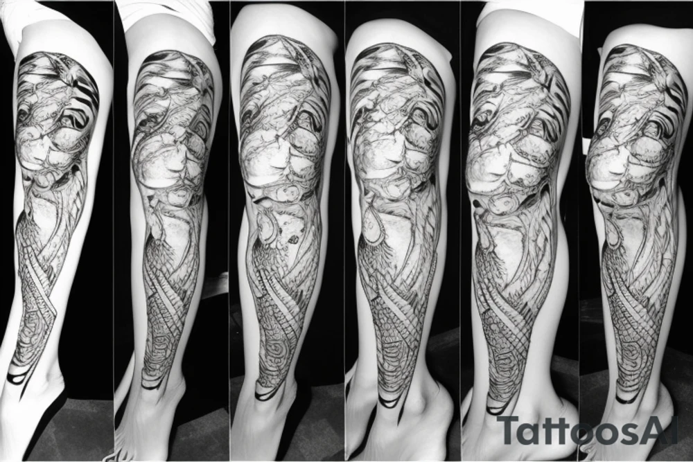 Tiger snake wrapped around leg swallowing own tail tattoo idea
