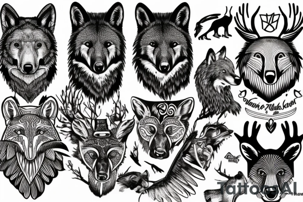Totem pole, moose, black bear, hawk, king fisher, wolf, red fox tattoo idea