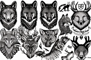 Totem pole, moose, black bear, hawk, king fisher, wolf, red fox tattoo idea