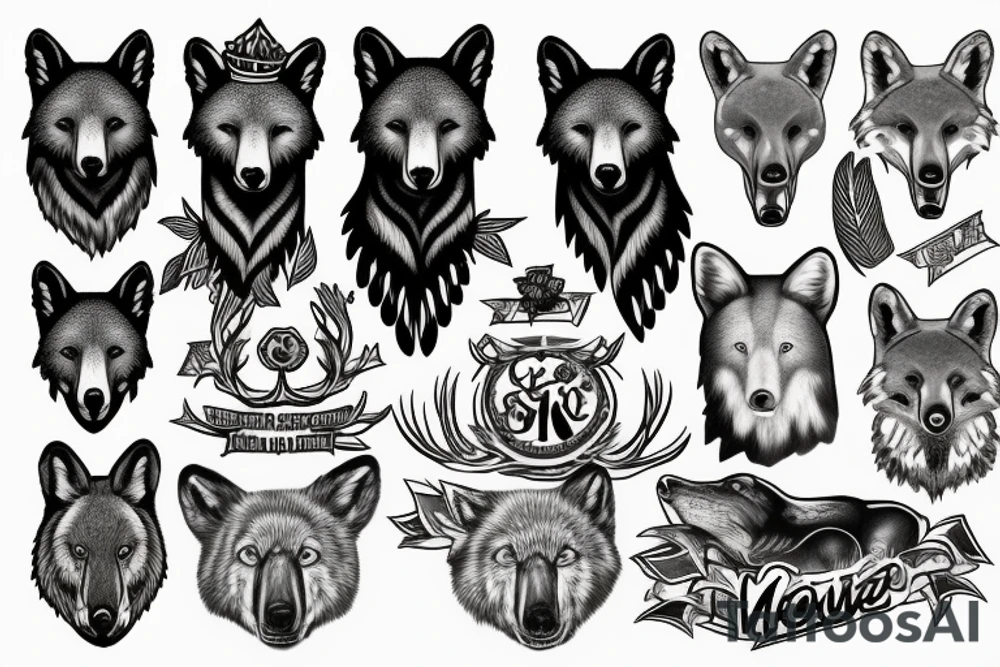 Totem pole, moose, black bear, hawk, king fisher, wolf, red fox tattoo idea