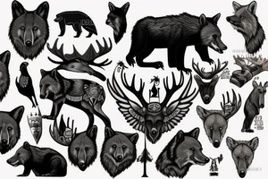 Totem pole, moose, black bear, hawk, king fisher, wolf, red fox tattoo idea