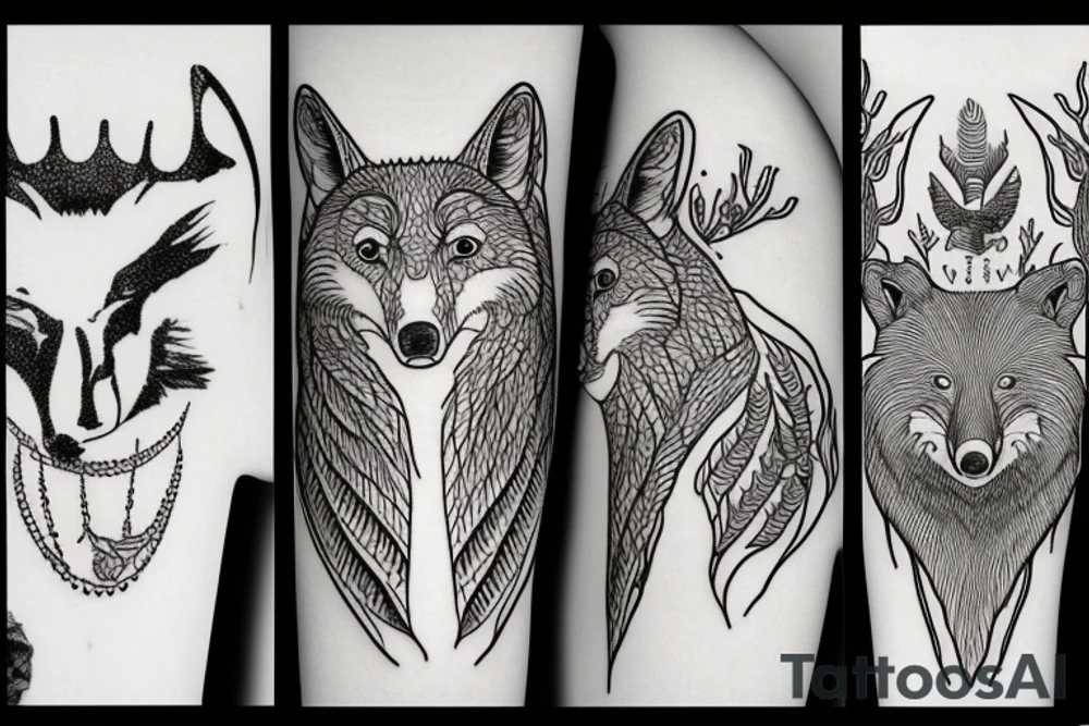 moose, black bear, hawk, king fisher, wolf, red fox tattoo idea
