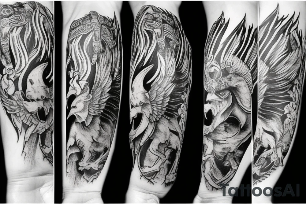 Arm sleeve with a Griffin and a spartan warrior tattoo idea