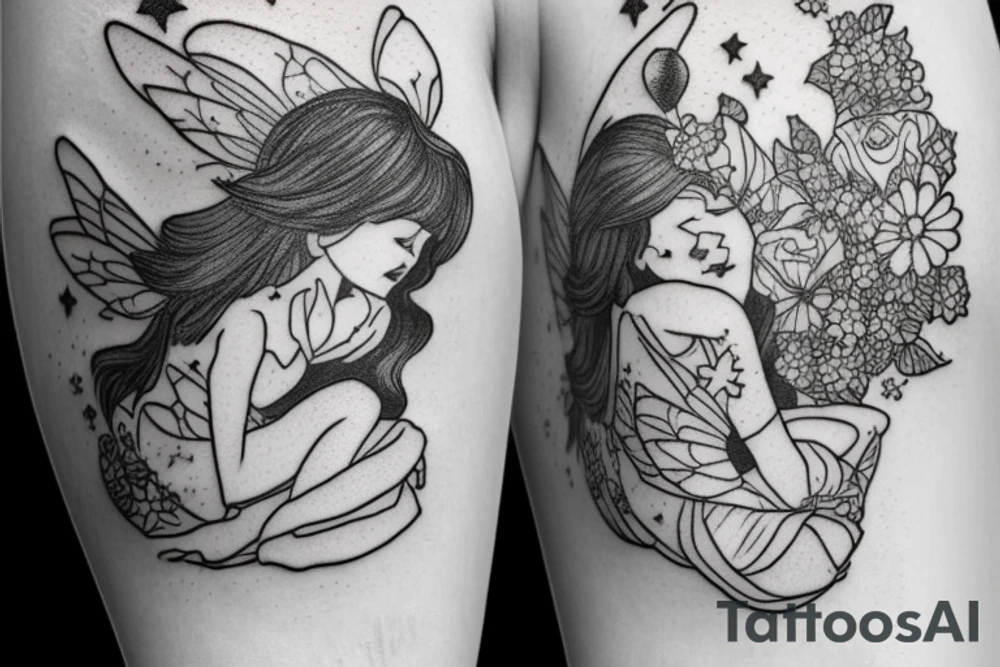 Sad fairy in a snowball with flowers and stars tattoo idea