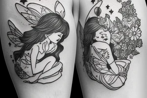 Sad fairy in a snowball with flowers and stars tattoo idea