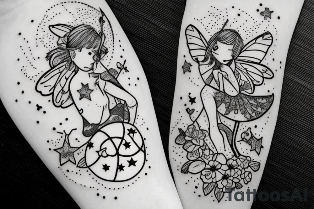 Sad fairy in a snowball with flowers and stars tattoo idea