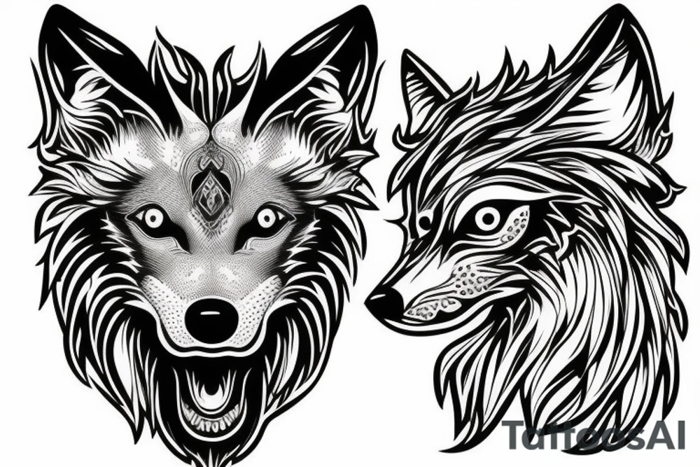 Wolf head with 2 bird heads inside tattoo idea
