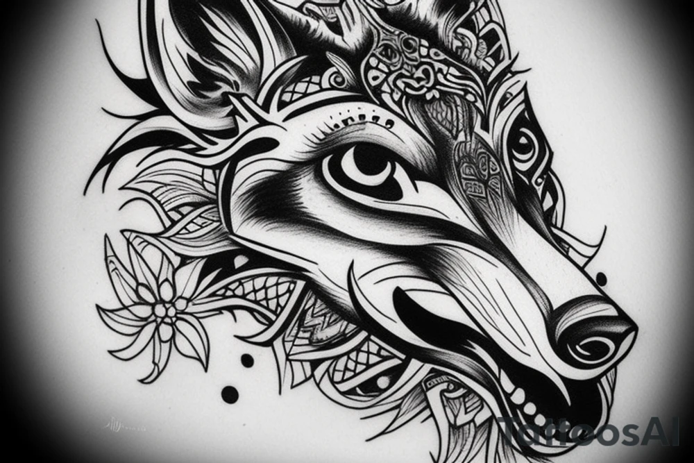 Wolf head with 2 bird heads inside tattoo idea