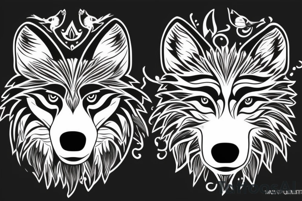 Wolf head with 2 bird heads inside tattoo idea