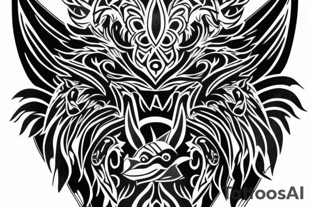 Wolf head with 2 bird heads inside tattoo idea