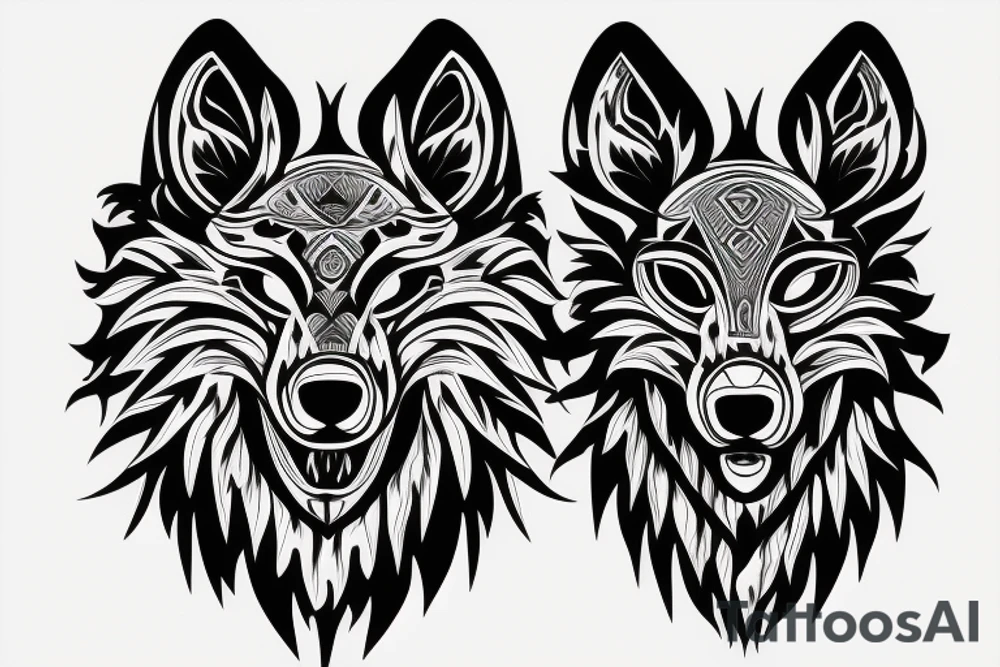 Wolf head with 2 bird heads for eyes tattoo idea