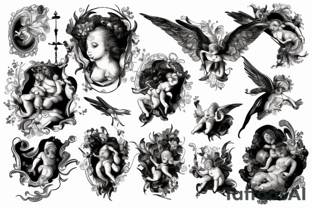 two flying baroque painting angle babies tattoo idea