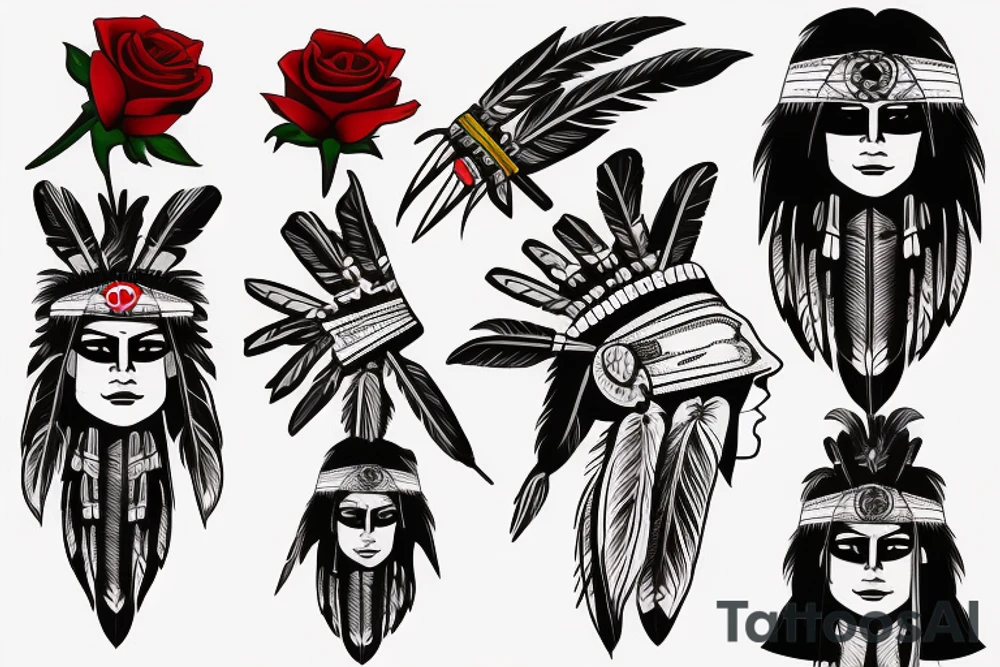 Native Indian warrior with vendetta mask and red rose tattoo idea