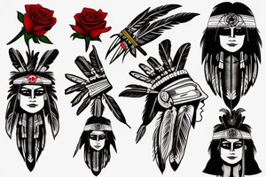 Native Indian warrior with vendetta mask and red rose tattoo idea