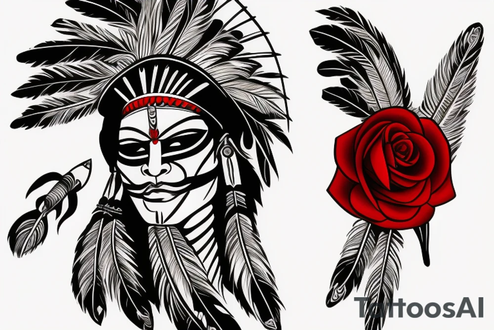 Native Indian warrior with vendetta mask and red rose tattoo idea