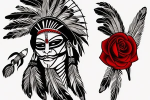 Native Indian warrior with vendetta mask and red rose tattoo idea