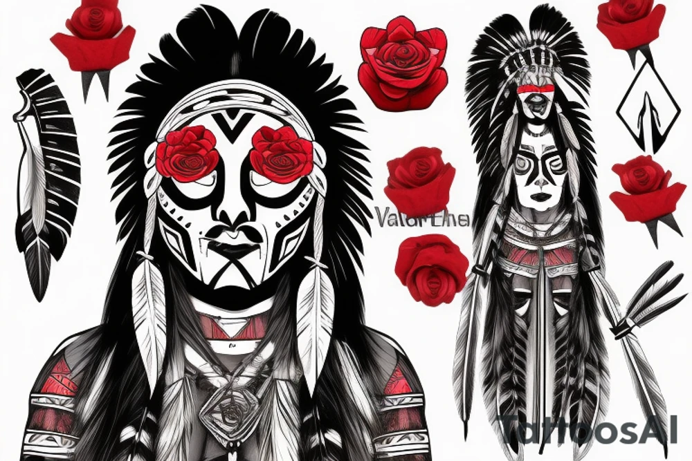 Me as a Native Indian warrior with vendetta mask and red rose tattoo idea