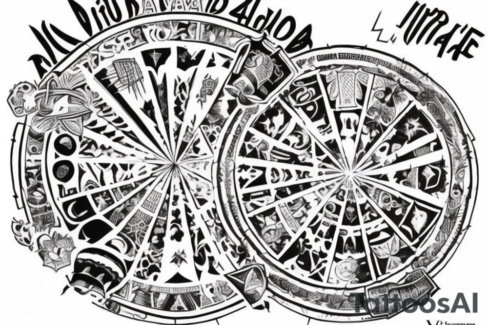 Pirámide y ojo en el centro. Al rededor 4 símbolos de las virtudes estoicas. Todo dentro de un círculo con el texto "iram qui vincit hostes superat maximum" en ambigrama tattoo idea