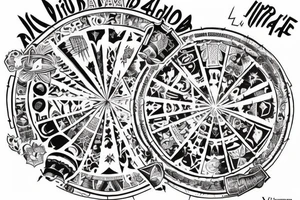 Pirámide y ojo en el centro. Al rededor 4 símbolos de las virtudes estoicas. Todo dentro de un círculo con el texto "iram qui vincit hostes superat maximum" en ambigrama tattoo idea