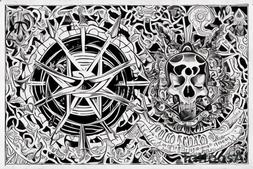 Pirámide y ojo en el centro. Al rededor 4 símbolos de las virtudes estoicas. Todo dentro de un círculo con el texto "iram qui vincit hostes superat maximum" en ambigrama tattoo idea