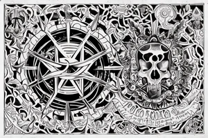 Pirámide y ojo en el centro. Al rededor 4 símbolos de las virtudes estoicas. Todo dentro de un círculo con el texto "iram qui vincit hostes superat maximum" en ambigrama tattoo idea