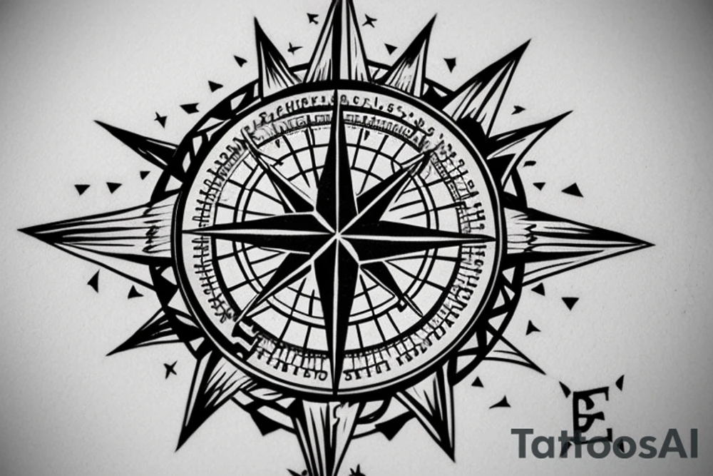 A Compass at the main. Under the compass are stairs where a person is waiting tattoo idea